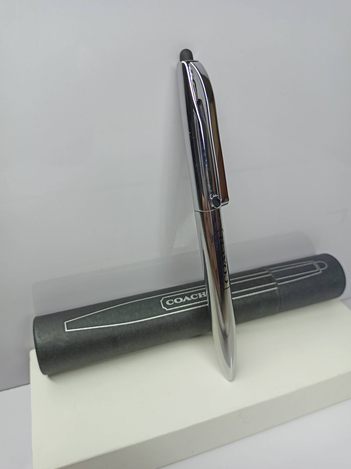 Coach - Luxury Pen - Stylus on Top - Brand Box - Black Ink - Metal Body - Silver Color - CHECKOUT
